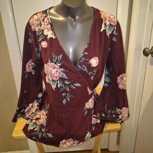 IZ Byer Maroon Floral Wrap Top Size Medium
